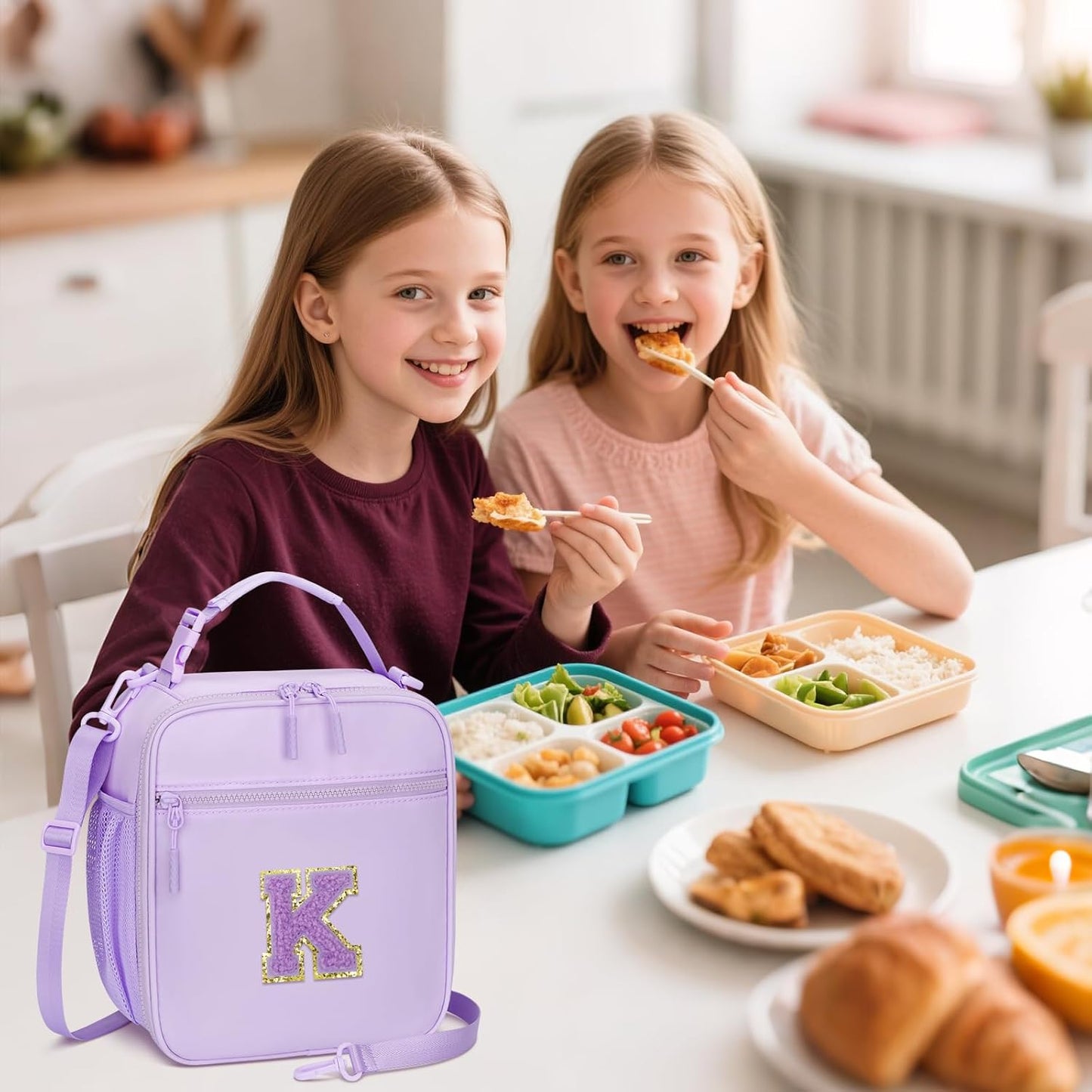 Initial Insulated Lunch Bag for Girls Kids, Back to School Gift, Reusable Leak-proof Lunch Box with Adjustable Strap for School Daycare Travel Picnic (Purple,K)