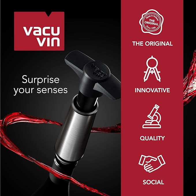 Vacu Vin Wine Saver Pump Blue with Vacuum Wine Stopper - Keep Your Wine Fresh for up to 10 Days - 1 Pump 8 Stoppers - Reusable - Made in the Netherlands