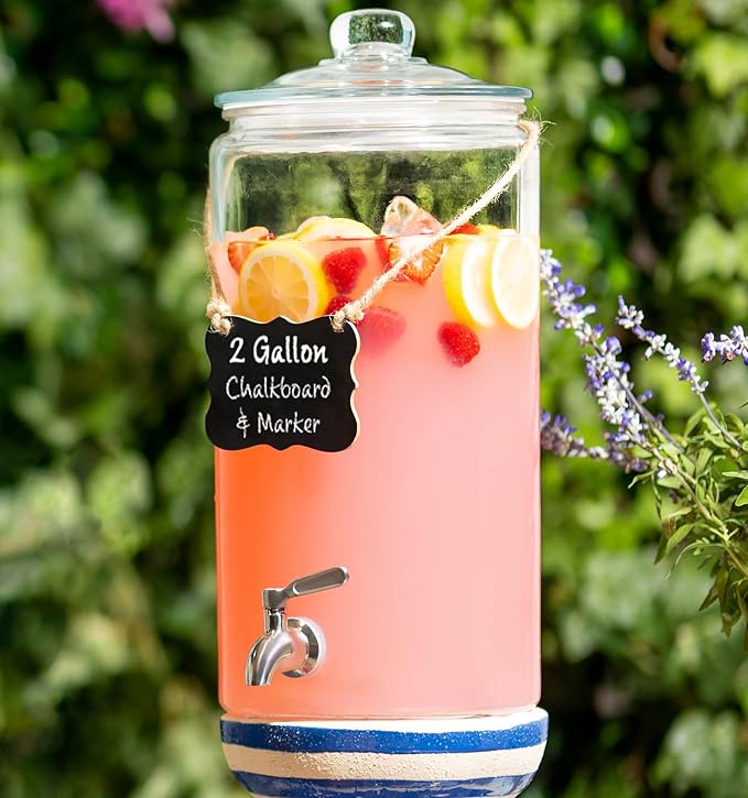 2 Gallon Beverage Dispenser with Stainless Steel Spigot + Marker & Chalkboard 100% Leakproof Glass Drink Dispenser for Parties with Spout, Airtight Beverage Serveware for Water Juice Laundry