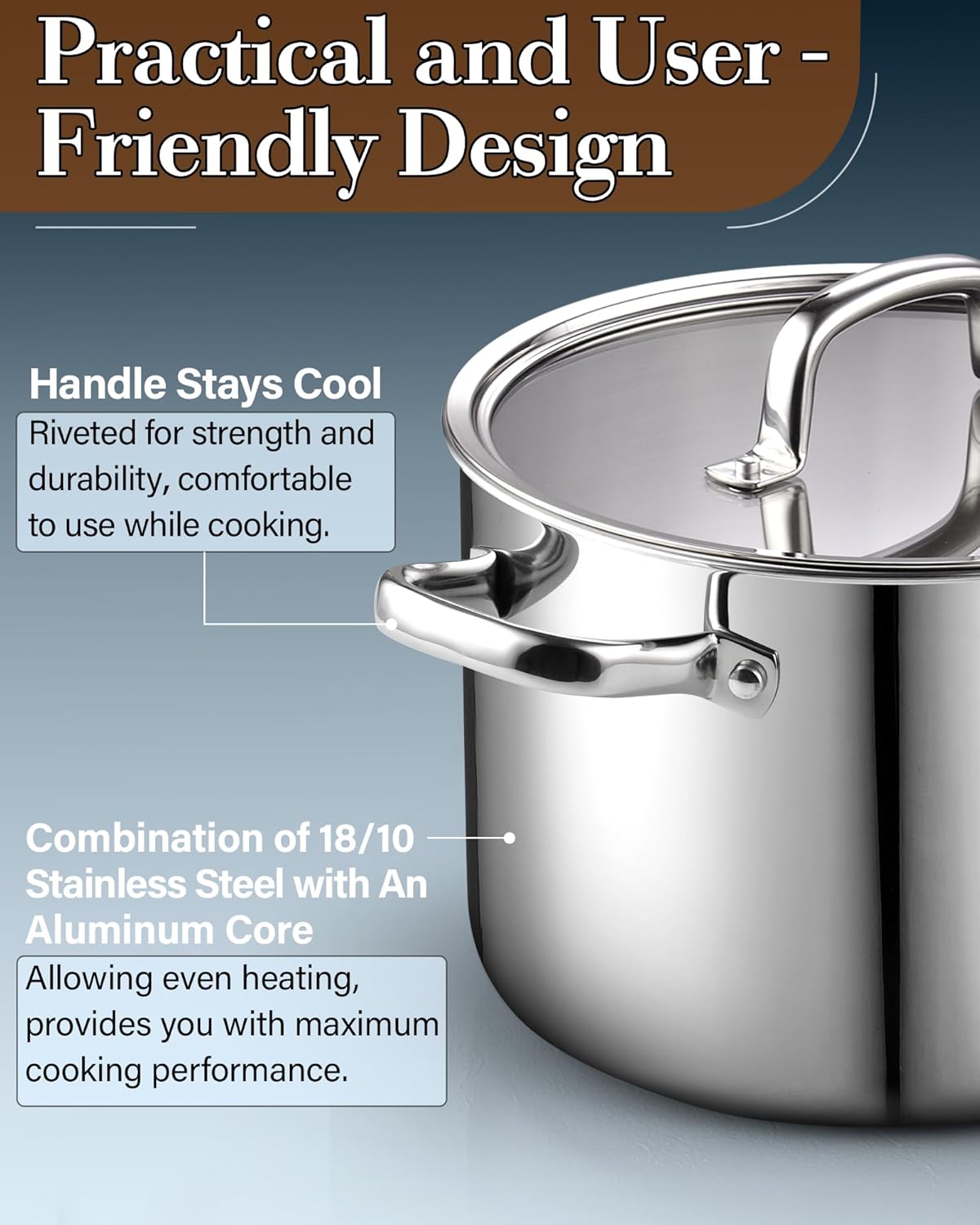 Cook N Home Stainless Steel Stockpot 8 Quart, Tri-Ply Clad Soup Pot with Glass Lid, Induction Compatible, Heavy Duty Canning Pot, Dishwasher Oven Safe, Silver