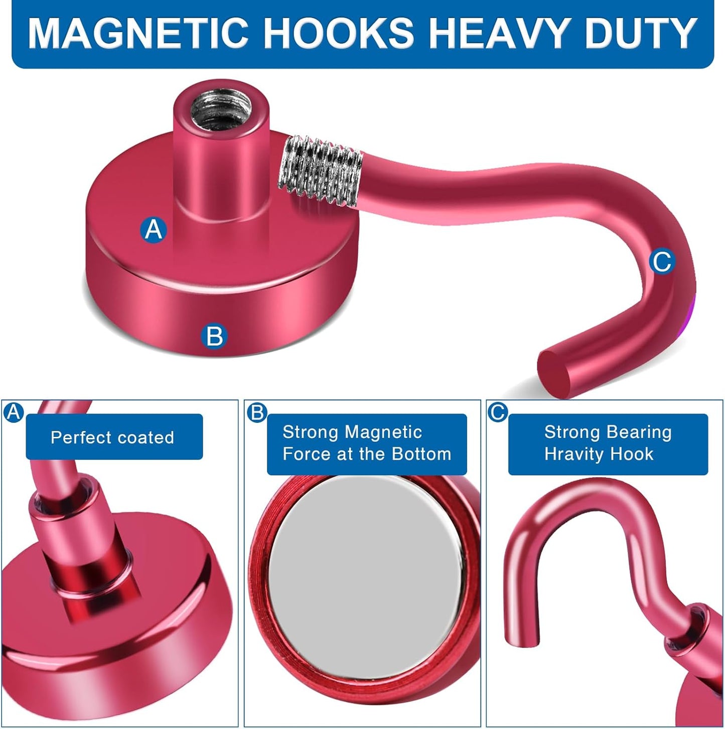 LOVIMAG Red Magnetic Hooks for Cruise Cabins, Cruise Essentials Must Haves, Cruise Magnets, Magnetic Key Holder, Strong Magnetic Hooks for Hanging, Fridge, Grill -12 Pack