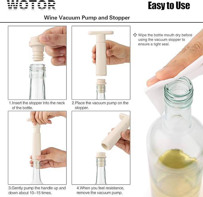 WOTOR Wine Saver Vacuum Pump with 8 Stoppers, Wine Stopper & Preserver, Reusable Bottle Sealer Keeps Fresh, Ideal Accessories Gift, Flat Handle (Cream)