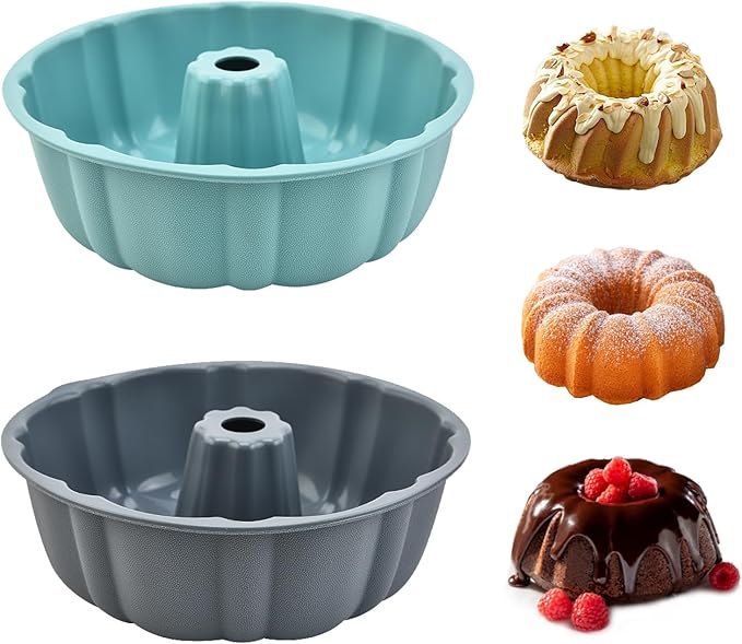 PADELE 2 Pack Silicone Cake Pan Nonstick,10 Inch, Silicone Cake Molds,Pound Cake Pan, Baking for Jello,Gelatin,Cake,Brownie and Bread (Grey+Blue)