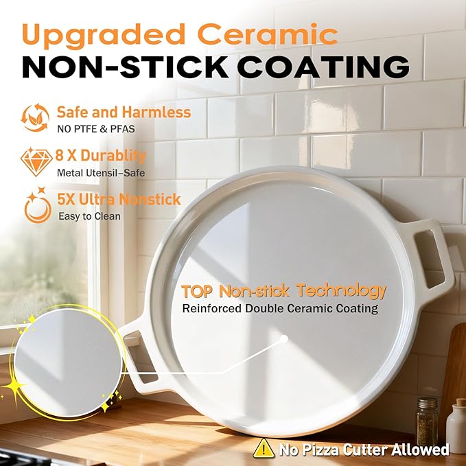 16" 3-Layer Hybrid Pizza Steel for Fast & Even Heating, Ceramic Nonstick Smooth Pizza Pan, Oven Baking Steel for Pizzas Up to 14", 304 Stainless Steel + Aluminum Core + 403 Stainless Steel, Non-etched