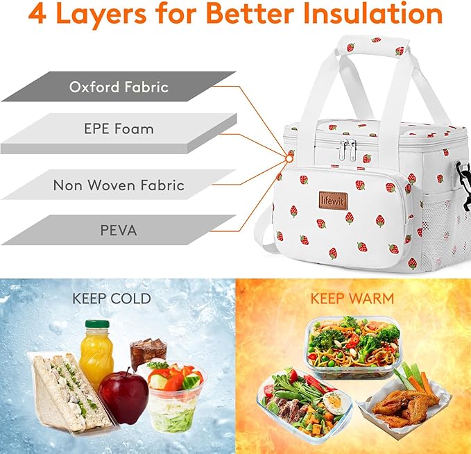 Lifewit Medium Lunch Bag, Insulated Lunch Box, Soft Cooler Cooling Tote for Adult Men Women, Strawberry 12-Can (9L)