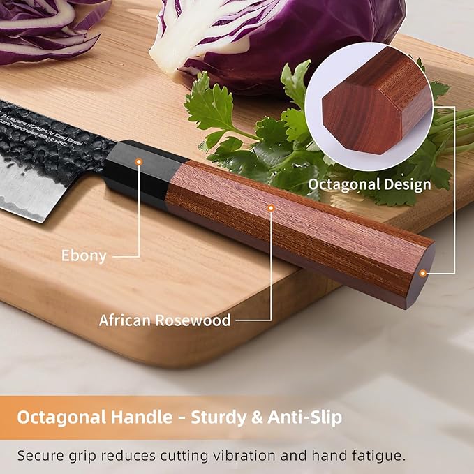 FINDKING Serbian Chef Knife with Leather Sheath, 6.5 Inch High Carbon Steel Cleaver Knife, Hammered Blade, Octagonal Handle, for Meat, Vegetables, Poultry and Light Bones, Dynasty Series