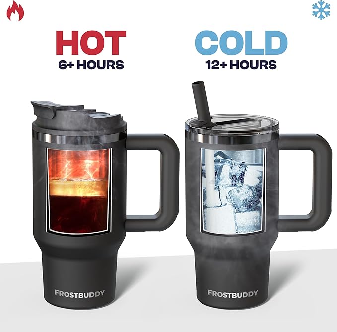 Frost Buddy Thicc Buddy - 16 oz Stainless Steel Vacuum Insulated Tumbler with Lid and Straw for Water - Travel Mug Cupholder Friendly - Gifts for Women Men Him Her (Crimson)