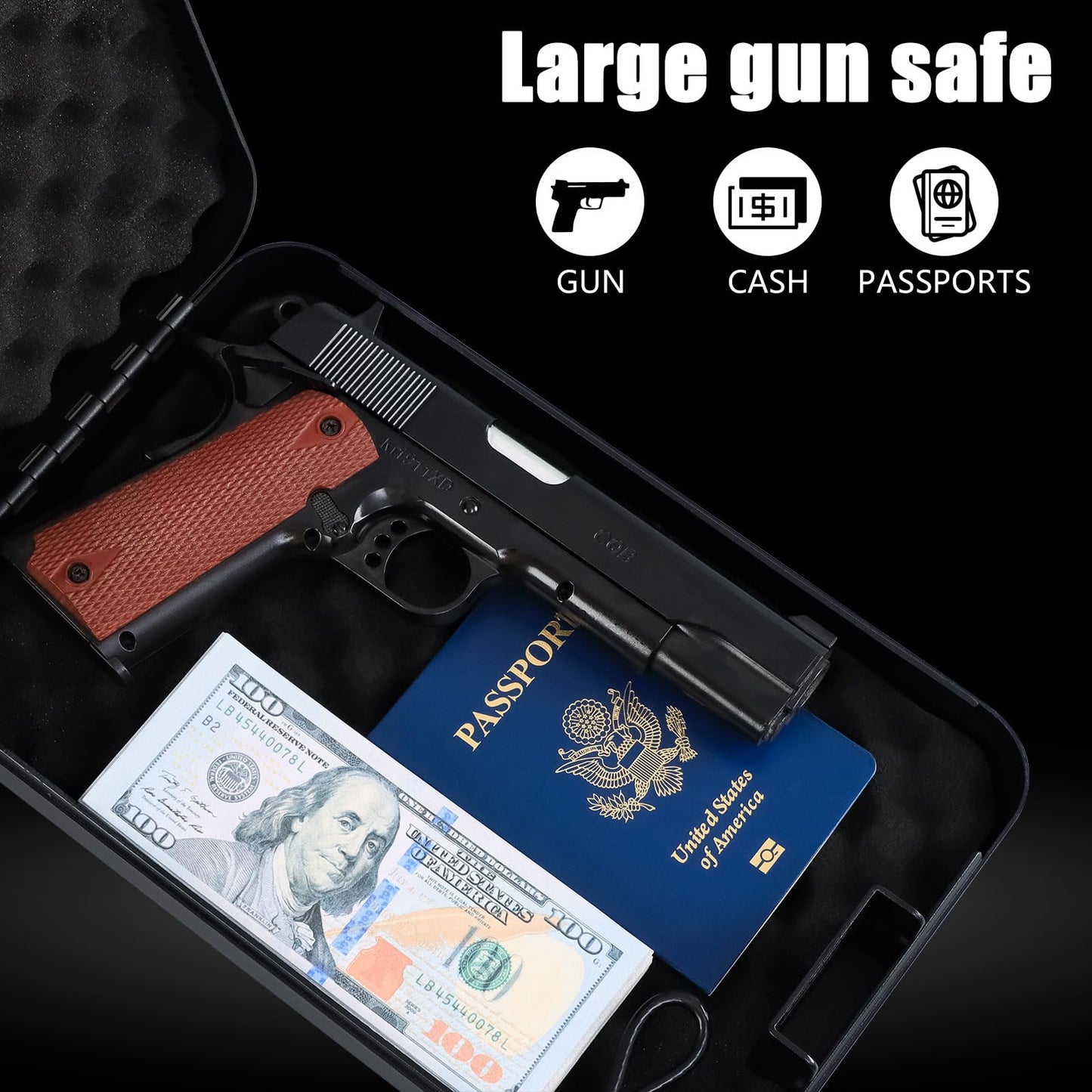 Dalmbox Gun Safe for Pistols X Large,11 x 7 x 3 Inches,Handgun Lock Box with Key Lock Portable Travel Pistol Safe for Car, Home, Travel