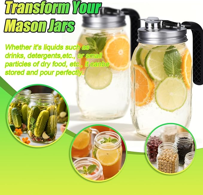 Mason Jar Pour Spout Lid Stainless Steel with Handle, Regular Mouth Pour Spout Flip Cap Lids for Mason Jars, Anticracking Leak Proof Seal Cover Airtight for Drinking Salad Dressing Food Storing(2PCS)