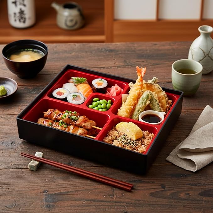 Teenyyou 2 Pcs 10.6 x 8.3 x 2.2 Inch Japanese Bento Box 5 Compartments Divided Lunch Box with Greaseproof Adult Japanese Bento Lunch Container Sushi Home Restaurant
