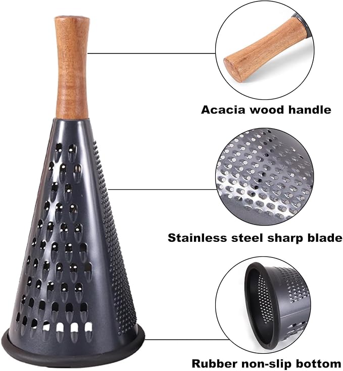 Cone Cheese Grater with Handle Stainless Steel Grater Triple Function Wood Handle Shredder Non-Slip Rubber Bottom Hand Held Multifunction Vegetables Grater Black 4-Size (Size M: 9.4" X 4.3" Black)