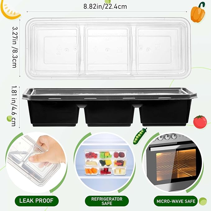 Hushee 10 Pack 17 oz Small Meal Prep Containers with 3 Compartments Snack Containers with Lid Disposable Plastic Bento Box Travel Lunch Food Boxes Stackable for Office Picnic (Black,Clear)