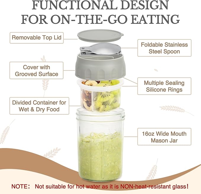 SOLIGT 4 Pack Overnight Oats Containers with Lids, Folding Spoons and Divided Compartments for Fruit & Nuts, Small Glass 16oz Mason Jars for Oatmeal Yogurt Parfait