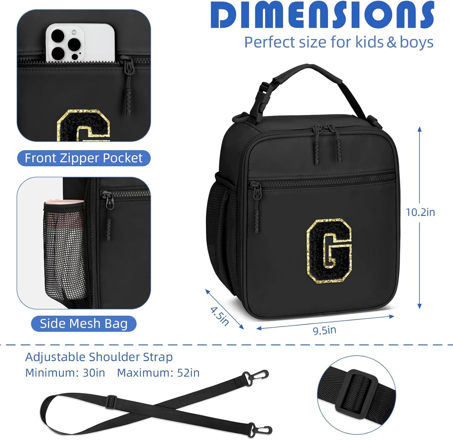 Initial Insulated Lunch Bag for Boys Kids, Back to School Gift, Reusable Leak-proof Lunch Box with Adjustable Strap for School Daycare Travel Picnic（Black，G）