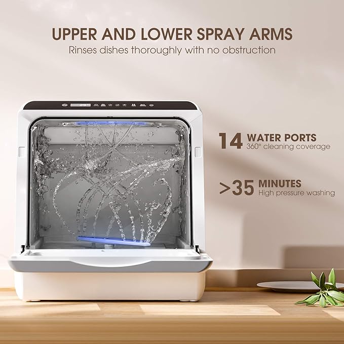 NOVETE Portable Countertop Dishwashers, Compact Dishwashers with 5L Built-in Water Tank & Inlet Hose, 5 Washing Programs, Baby Care, Air-Dry Function and LED Light for Small Apartments