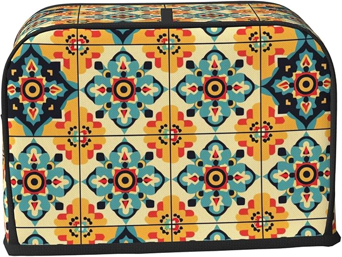 Brown Boho Tile Toaster Cover 2 Slice, Cute Rural Bread Machine Cover, Washable Dust-Proof Cover for Kitchen Small Appliance Cover,with Top Handle