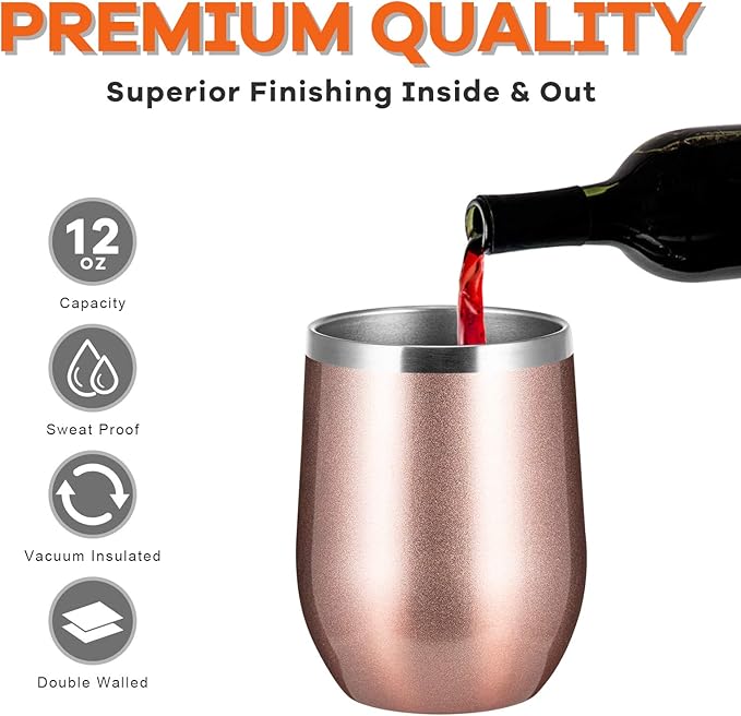 COMOOO Stainless Steel Wine Tumbler with Lid and Straw 12oz Double Wall Vacuum Insulated Travel Tumbler Cup for Coffee, Wine, Cocktails, Champagne (Mix color,12 Pack)