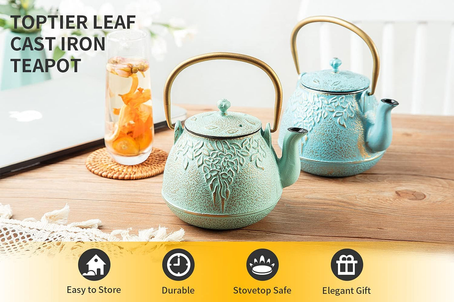 TOPTIER Japanese Teapot with Stainless Steel Infuser, Cast Iron Tea Kettle Stovetop Safe, Leaf Design Coated with Enameled Interior for 32 Ounce (950 ml), Light Green