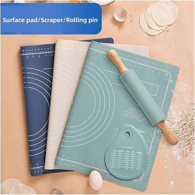 Silicone Measuring Kneading Pad Set Household Rolling Pin Dough Large Thick Non-slip Non-stick Bottom Baking Tool(Scraper green)