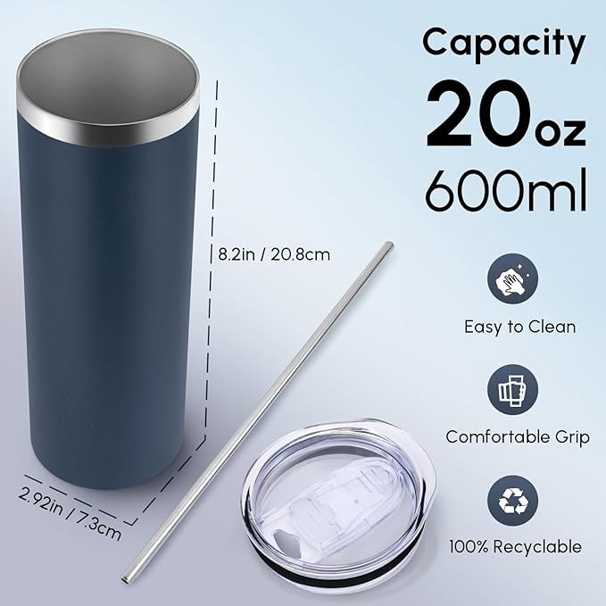 Volhoply 12 Pack Skinny Tumblers with Lid and Straw, 20oz Stainless Steel Straight Tumbler Bulk, Vacuum Insulated Coffee Mug for Home, Office, Travel, DIY (Navy,12 Pack)