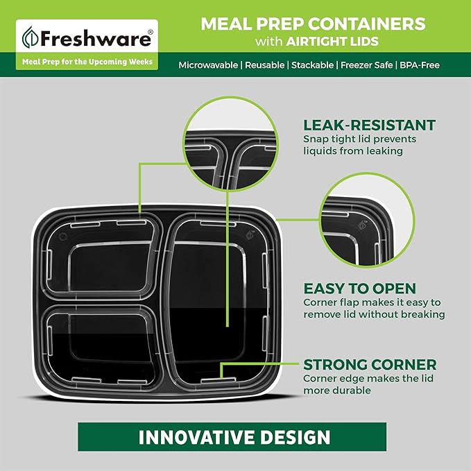 Freshware Meal Prep Containers [150 Pack] 3 Compartment Food Containers with Lids, Bento Box, Stackable, Microwave/Dishwasher Safe (32 oz)