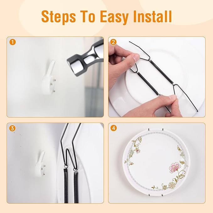 Plate Hangers for The Wall, Suitable for 4-5 inch Decorative Plate, Stainless Steel Wire Plate Holder with Wall Hooks and Rubber tip Protectors, Plate Hangers for Displaying Plates, Platter, Black