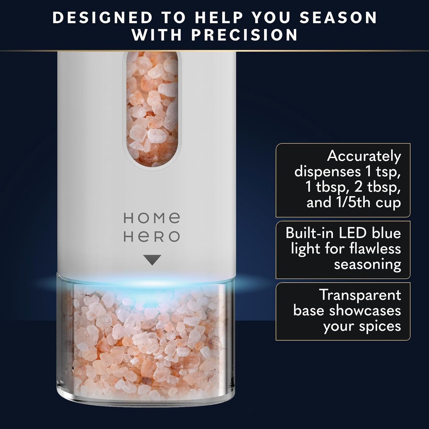 Home Hero Electric Salt and Pepper Grinder Set - Automatic Salt and Pepper Grinder Set Rechargeable. Electronic Salt and Pepper Shakers with LED Light, Electric Pepper Grinder & Salt Grinder, Set of 2