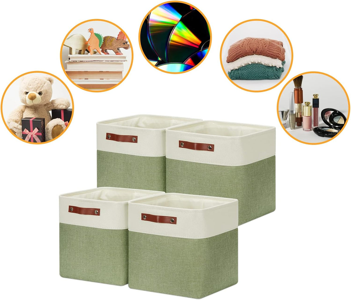 DULLEMELO Storage Basket, Linen Closet Organizers and Storage Baskets for Home Office, Suitable as Dog Toy Box, Baby Gift Basket, 4 Pieces 12x12 Decorative Cube Storage Bins(4 Pack - 12" White&Green)