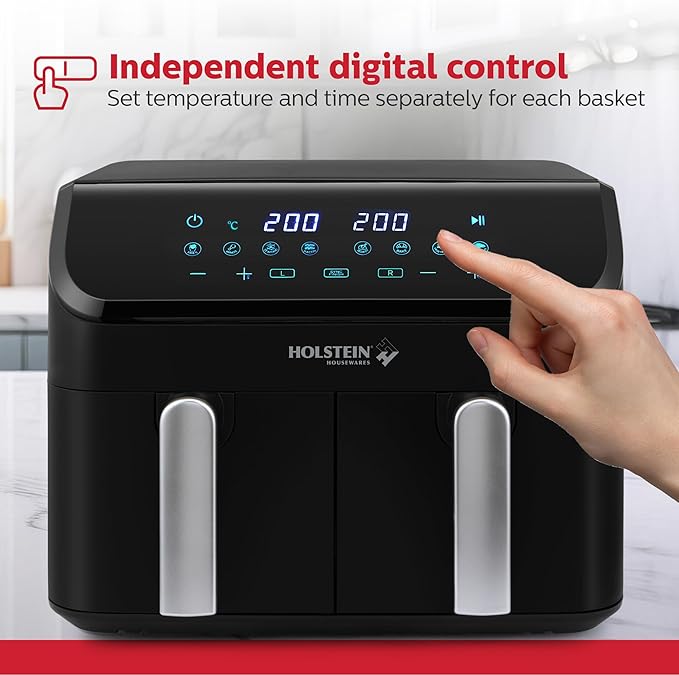 Holstein Housewares 9.5 QT Dual Basket Digital Air Fryer, Independent Controls - Non-Stick, Healthy Cooking with Less Oil, 8 Presets, Fry, Roast, Bake & Grill, LED Display & Dishwasher-Safe Parts