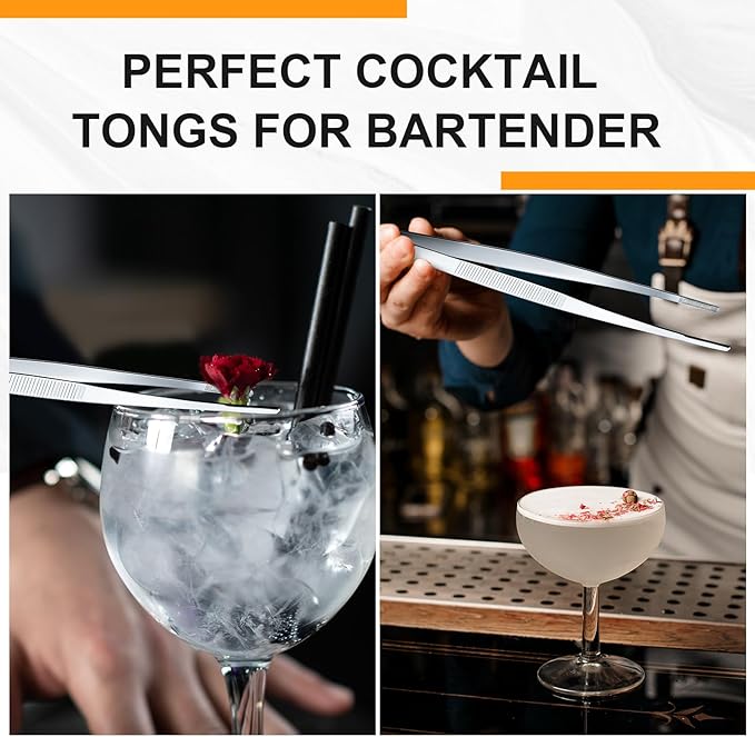 Yaomiao 4 Packs 12 Inch 10 Inch Bar Tweezers Silver Cocktail Tongs Long Garnish Tweezers Stainless Steel Bartender Kitchen Cooking Tongs for Cocktail Food Fruit Korean BBQ Bartender Chef, Multi-use
