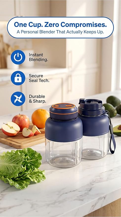 Portable Wireless Juicer Cup - 44 oz Cordless Blender with 38-Blade 18000 RPM High-Speed Motor, USB-C Rechargeable Personal Smoothie Maker for Gym, Travel, and Outdoors (Double Cup-Blue,44oz)