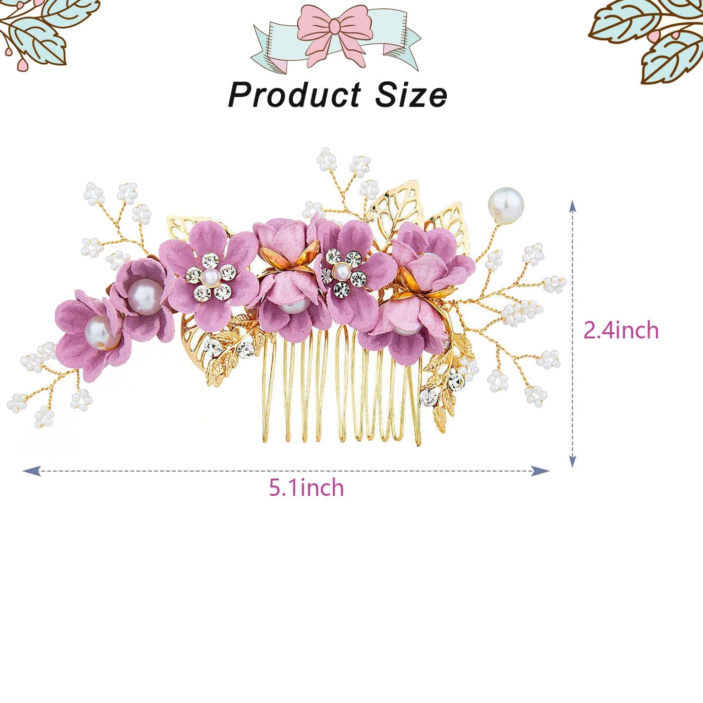 Wedding Hair Combs, Crystal Flwoer Hair Clips Bride Bridesmaid Hair Sides Comb Rhinestone Barrettes, Pearl Flower Hair Pins Hair Accessories for Women Girls (Purple)