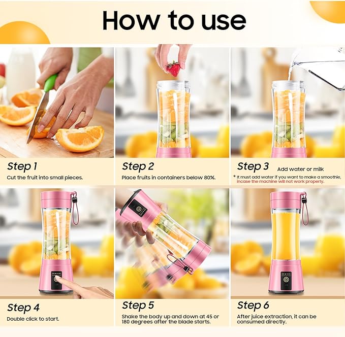 Portable Blender for Smoothies & Shakes - Cordless Personal Size Blender with 6 Blades, 380Ml Juice Cup, Lightweight & Rechargeable, Freshly Squeezed for Picnic/Sports/Office, Mother's Day