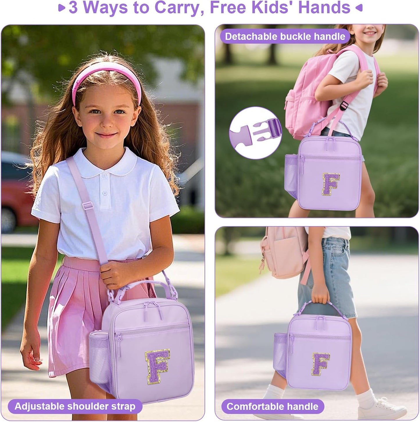 Initial Insulated Lunch Bag for Girls Kids, Back to School Gift, Reusable Leak-proof Lunch Box with Adjustable Strap for School Daycare Travel Picnic (Purple,F)