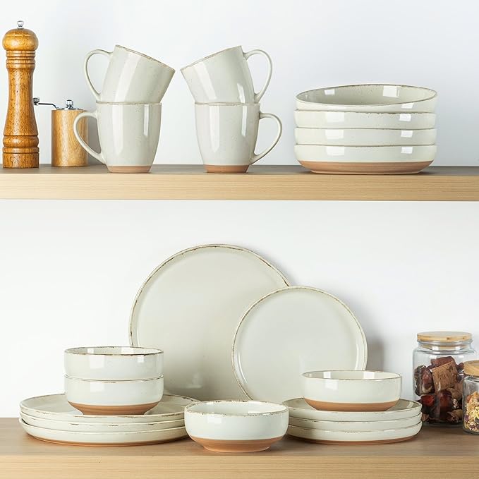 AmorArc Ceramic Dinnerware Sets with Pasta Bowls for 4, Handpainted Plates and Bowls Set with Rustic Terracotta Underside, Scratch Resistant Dishes Set, Dishwasher & Microwave Safe, 16 Pcs