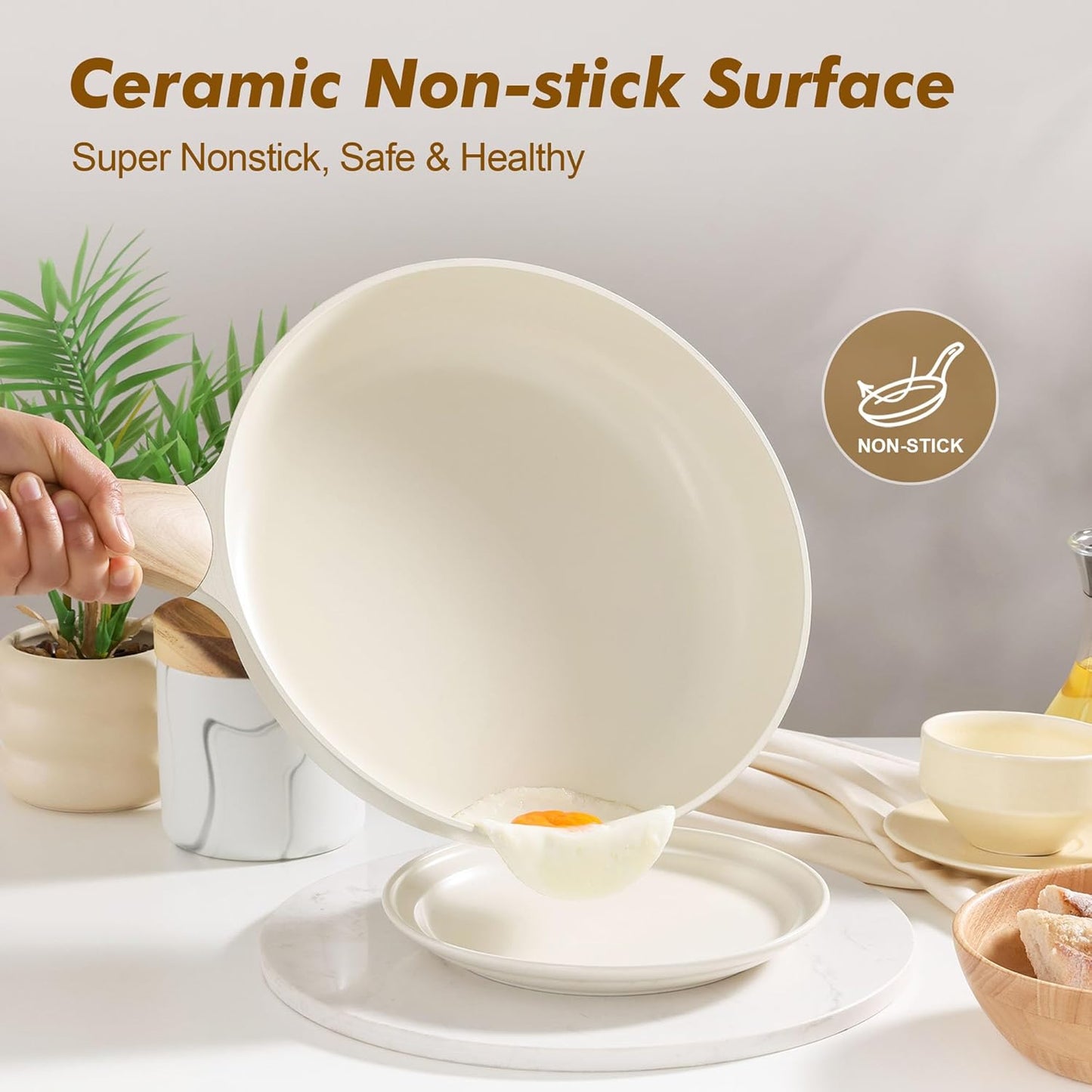 SENSARTE Ceramic Nonstick Frying Pan Skillet with Lid, 9.5inch Non Stick Pan Omelet Pans, Non-toxic Kitchen Cooking Chef's Pan, Free of Intentionally Added PFAS/PTFE/PFOA, Induction Compatible, White