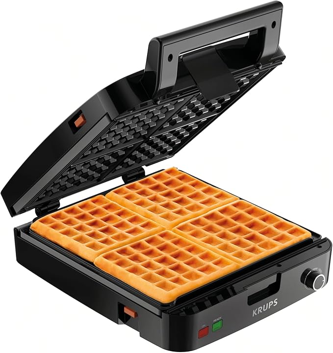 KRUPS 4-Slice Belgian Waffle Maker: Stainless Steel, 5 Browning Levels, Audible Ready Beep, Removable Plates, 1200W, Silver/Black, Large Waffle Maker Family Size, Great for Family Breakfasts