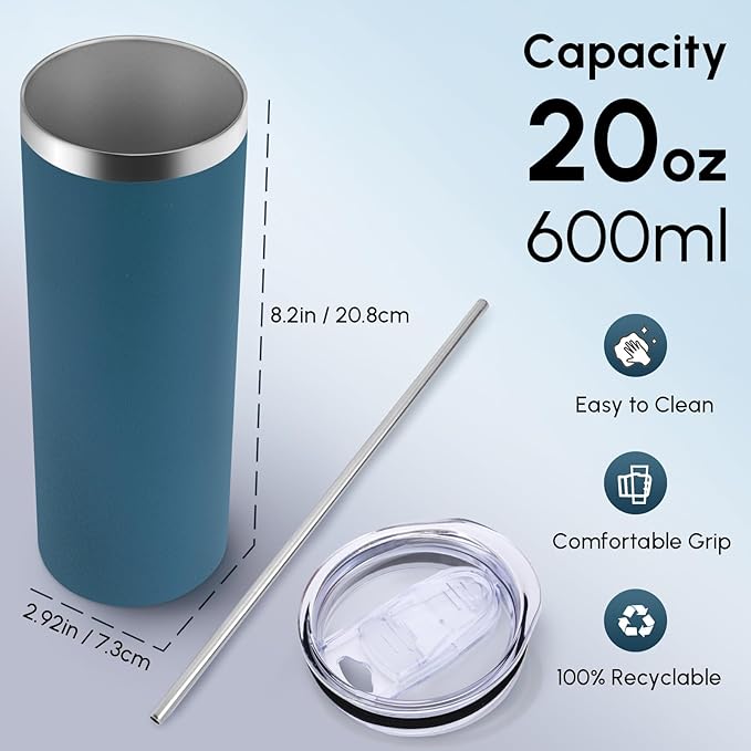 Volhoply 12 Pack Skinny Tumblers with Lid and Straw, 20oz Stainless Steel Straight Tumbler Bulk, Vacuum Insulated Coffee Mug for Home, Office, Travel, DIY (Dark Green,12 Pack)