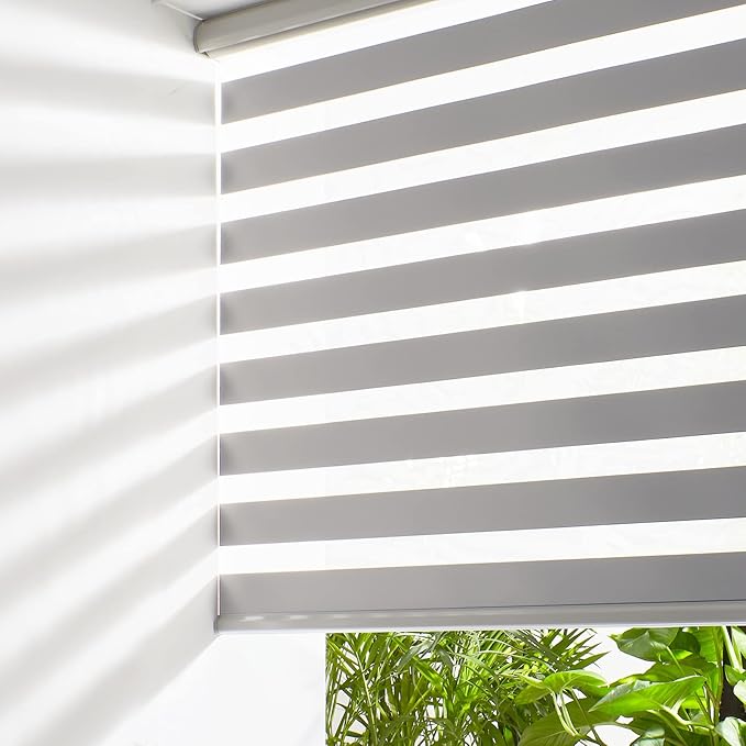 Persilux Cordless Zebra Blinds for Windows Free-Stop Roller Window Shades (58" W X 64" H, Grey) Dual Layer Light Control for Day and Night, Light Filtering Sheer Shades for Home, Easy to Install