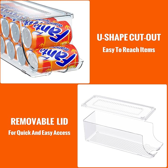 SCAVATA Soda Can Organizer for Refrigerator, Stackable Canned Food Pop Cans Container Can Holder Dispenser with Lid for Fridge Rack Freezer, Clear Storage Bins-Holds 12 Cans Each (One)
