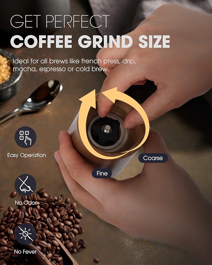POLIVIAR Manual Coffee Grinder, Coffee Bean Grinder with Adjustable Ceramic Burr, Vintage Style Wooden Hand Coffee Grinder, Portable Burr Coffee Grinder with Brush and Spoon （JX2022-CG10）