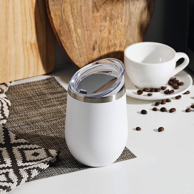 COMOOO 12oz Stainless Steel Wine Tumbler Lid and Straw, Double Wall Vacuum Insulated Wine Tumbler Cup, Stemless Wine Tumbler, Coffee, Wine, Cocktails, Ice Cream Cup White,12 Pack