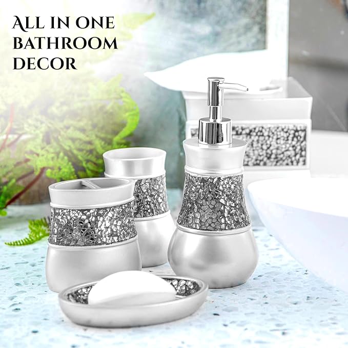 Crackled Glass Silver Toothbrush Holder And Toothpaste Holder For Bathroom - Elegant Crackled Glass Bathroom Toothbrush Organizer - Decorative 2 Slot Family Toothbrush Cup Holds Multiple Toothbrushes