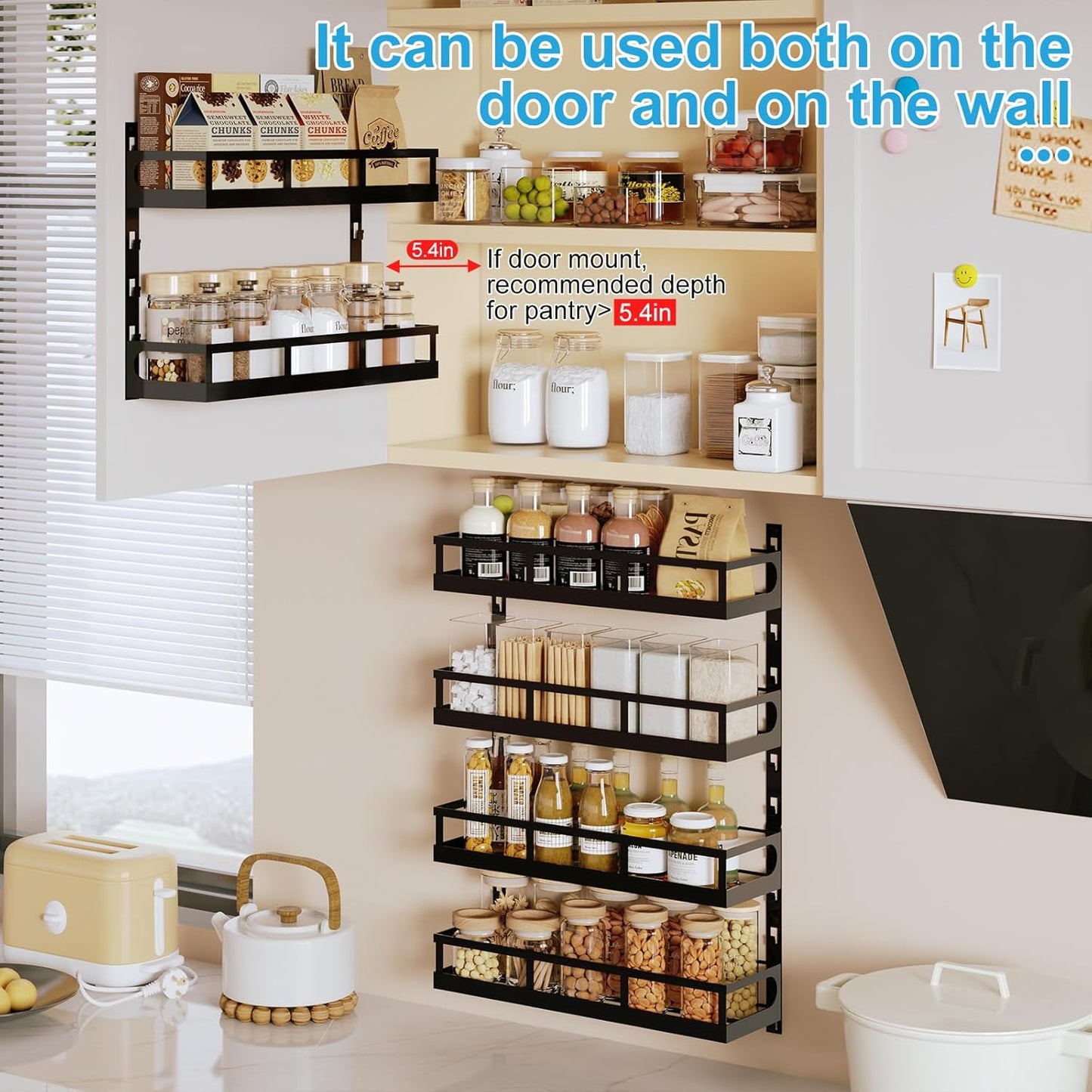 X-cosrack 6-Tier Wall-Mounted Spice Rack Organizer with Mixed Basket Sizes, Height-Adjustable Hanging Spice Shelf for Kitchen Pantry Cabinet, Large-Capacity Seasoning Holder, Black