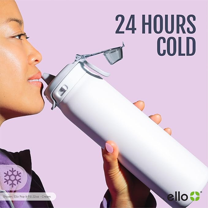 Ello Pop & Fill 32oz Stainless Steel Water Bottle with Quick Fill Technology, Double Walled and Vacuum Insulated Metal, Leak Proof Locking Lid, Sip and Chug, Reusable, BPA Free, Gloss Daisies