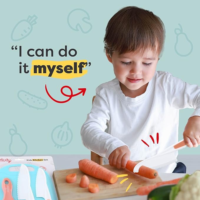 Baketivity Kid Safe Plastic Knives for Real Cooking with Cutting Board, Peeler for Kitchen - Knife Set with Blunt Tip, Dishwasher Safe, BPA Free Kids Knives for Cutting