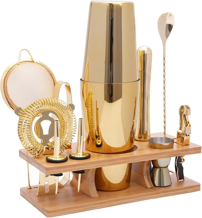 11-Pcs Cocktail Shaker Set Gold,Bartending Kit Stainless Steel Shakers 25oz Bar Kits for Bartender Mixing Set Barware Tool Sets for Professional Bartender and Home