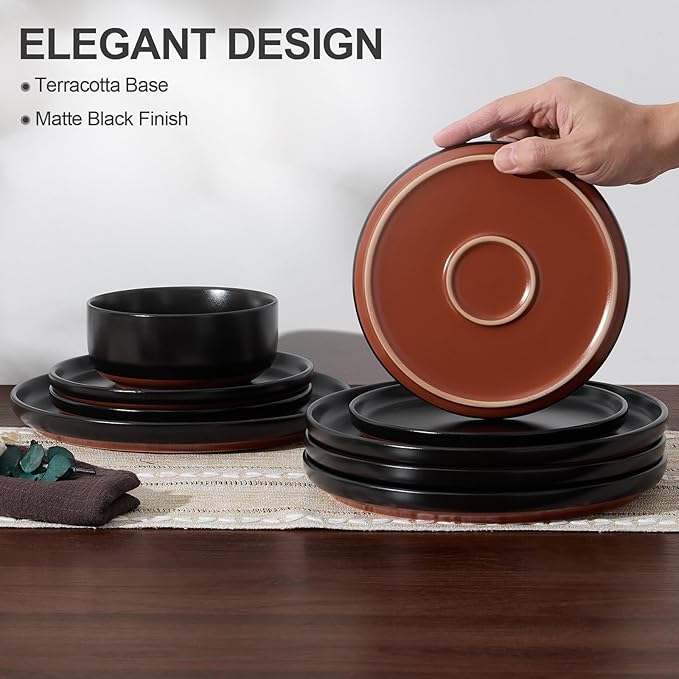 E-far 24-Piece Stoneware Plates and Bowls Sets, Dinnerware Sets for 8, Ceramic Dishware Dishes Set with Terracotta Base, Chip & Scratch Resistant, Microwave & Dishwasher Safe, Matte Black