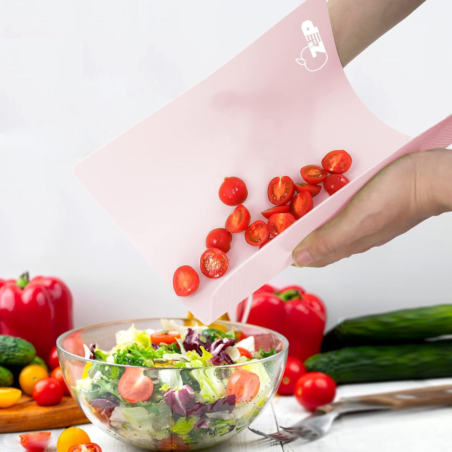ZVP Plastic Cutting Boards for Kitchen, Flexible Cutting Mats, Gradient Pink Chopping Boards with Food Icon, Non-Slip, Non Porous, BPA Free, Dishwasher Safe