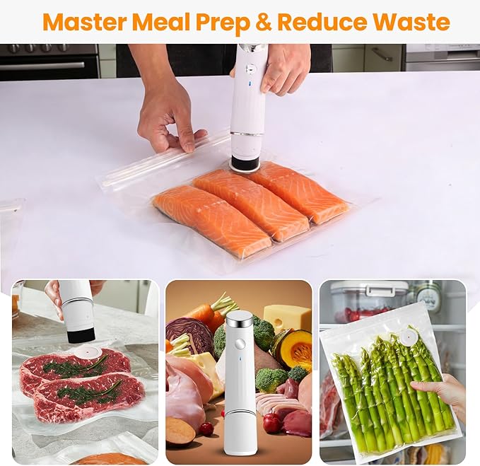 Compact Vacuum Sealer for Food (Portable Vacuum Sealer Machine+30 Reusable Bags) Compact Handheld Food Saver for Meat, Camping & RV Travel,Seal Food 6X Fresh Longer, Portable & Wireless, Easy-Clean